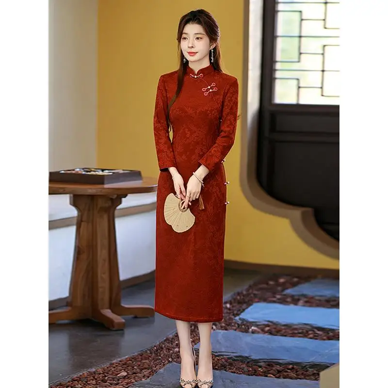 

Теплое платье для мамы на свадьбу с флисовой подкладкой, в китайском стиле, с длинными рукавами, средней длины, для свадьбы сына, осень-зима