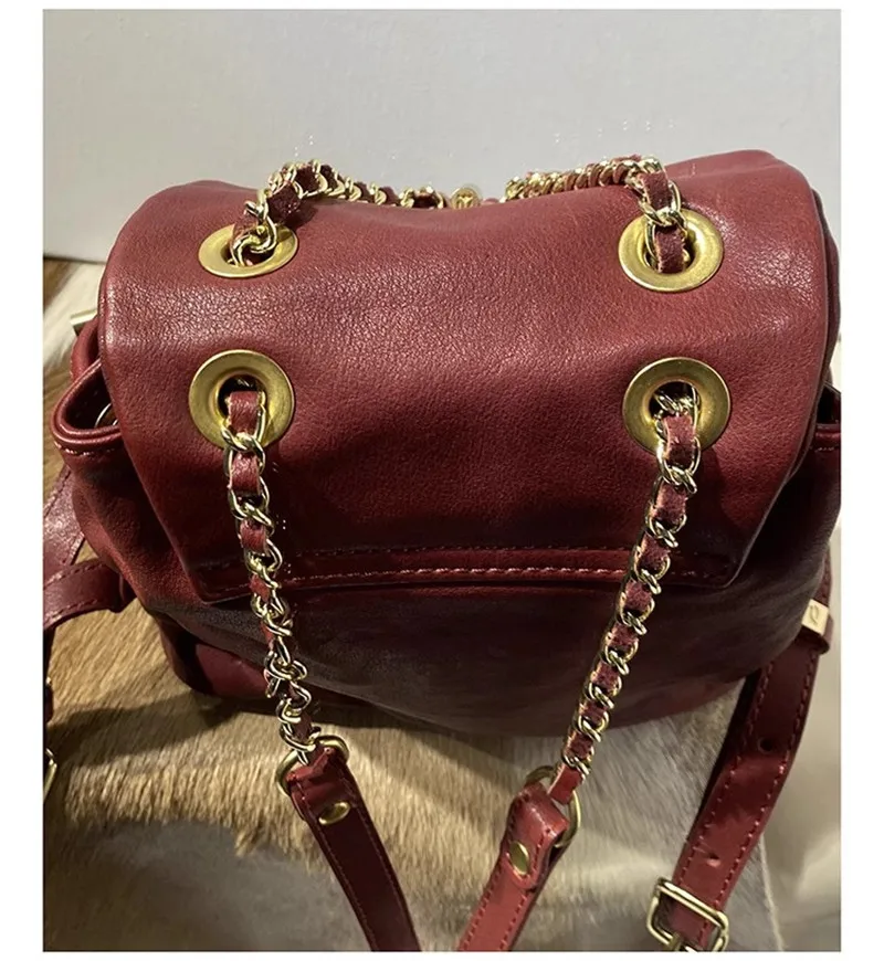 PNDME vintage designer handmade genuine leather women\'s small backpack organizer luxury cowhide leather ladies chain schoolbag