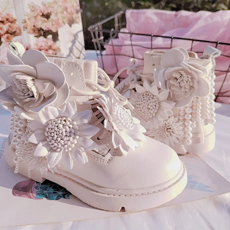 Kids Leather Boots Waterproof Children Sneakers White Boots for Baby Girls Boots Handmade 3D Flower Shoes School Party