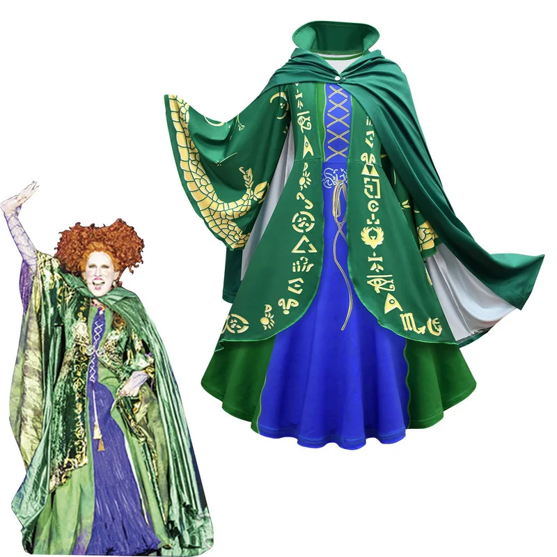 Halloween Hocus Pocus Girl Sarah Mary Dress Up Carnival Party Sanderson Sisters Witch Winifred Costume Cosplay mantello lungo con cappuccio