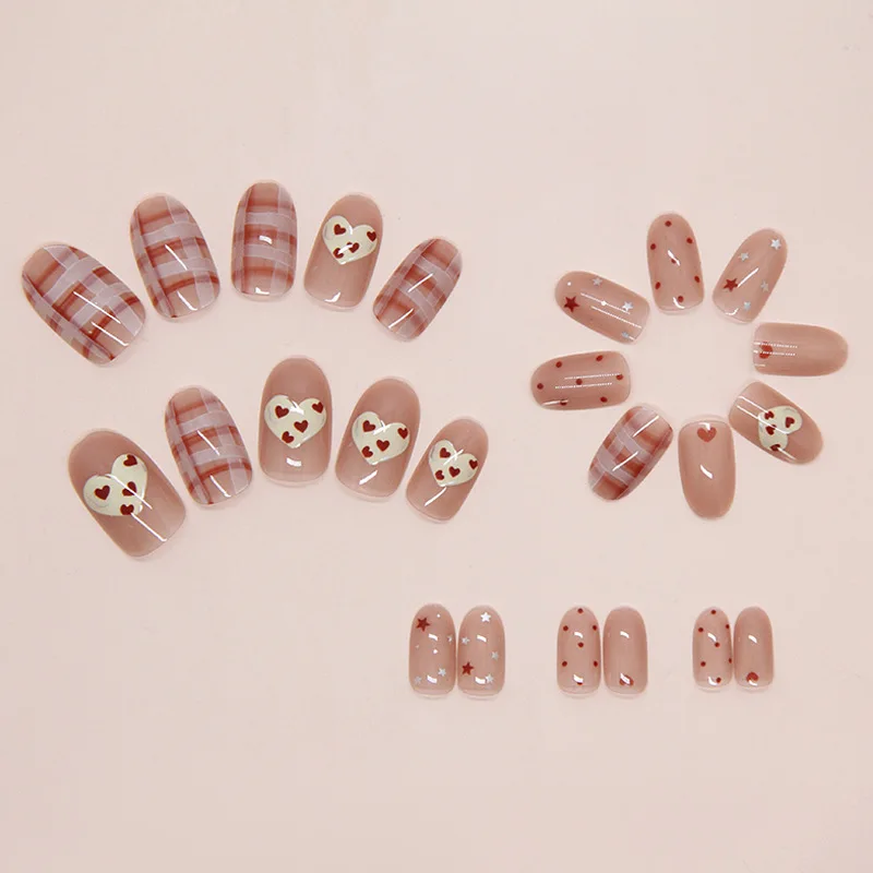 24/48Pcs Reusable Heart Plaid Star Press On Nails Light Brown Milky Yellow Detachable Fake Nails Wearable Manicure Tips
