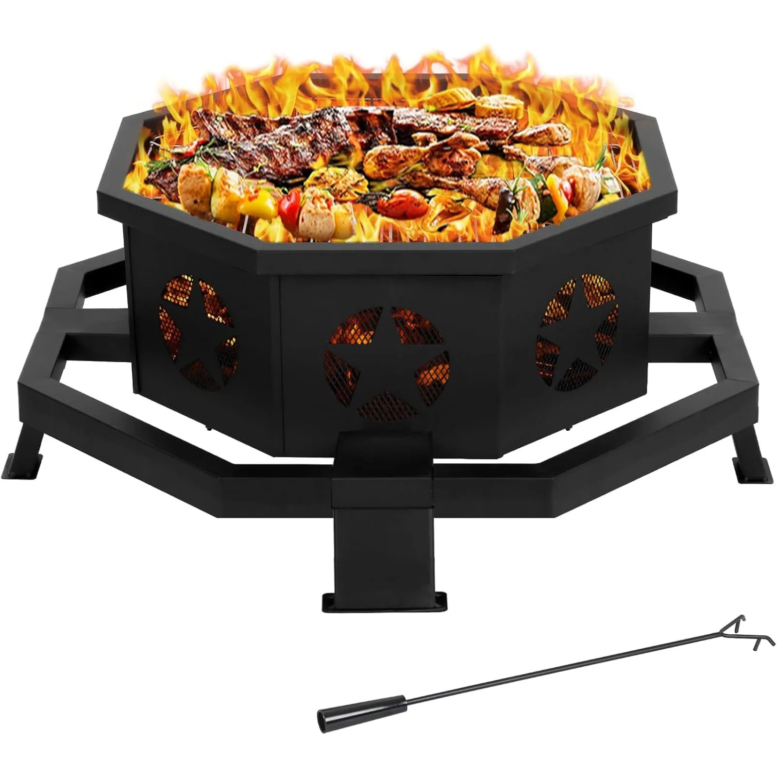 

US 35 Inch 2 in 1 Fire Pit with Grill, Large Wood Burning Fire Pit with Cooking Grate, Octagonal Outdoor Firepit with F