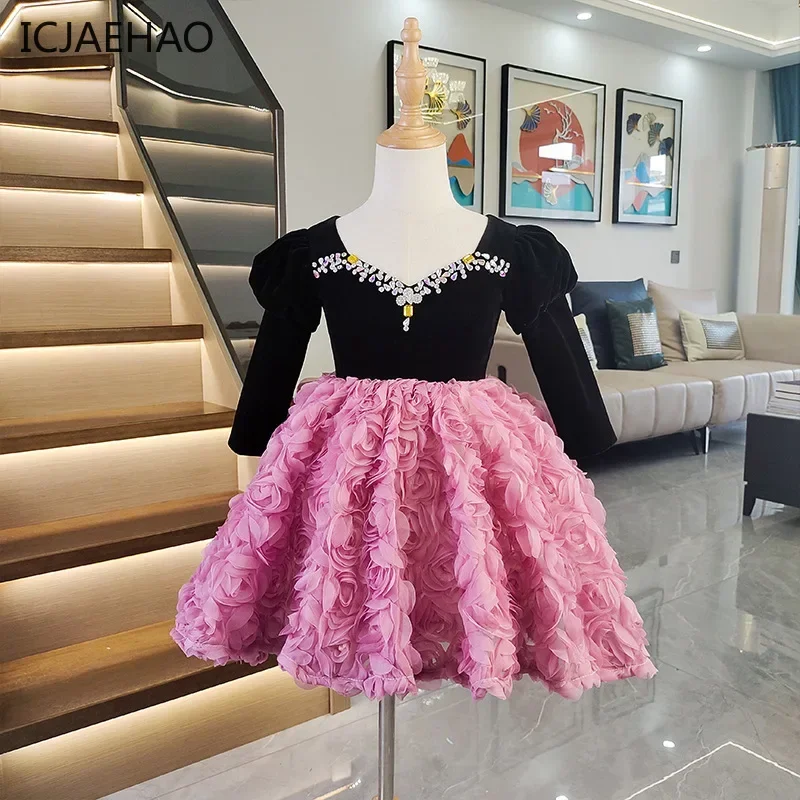 ICJAEHAO 2025 Long Contrast Pageant Costumes for Kid ChildrenSleeves Elegant Party Flower Patchwork Girl Performance Dress Ball