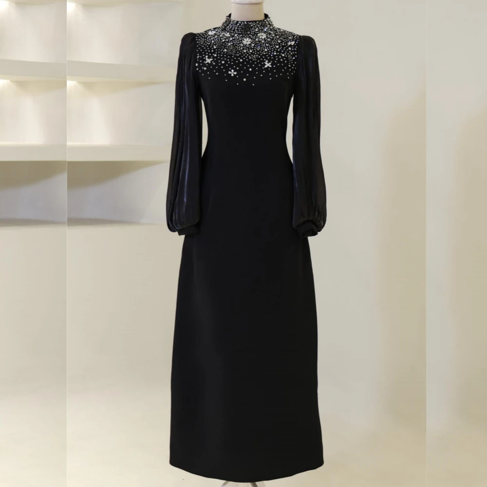 

Customized Chinese Style Jersey Sequined Pleat A-line High Collar Midi Dresses Bespoke Occasion Fashion
