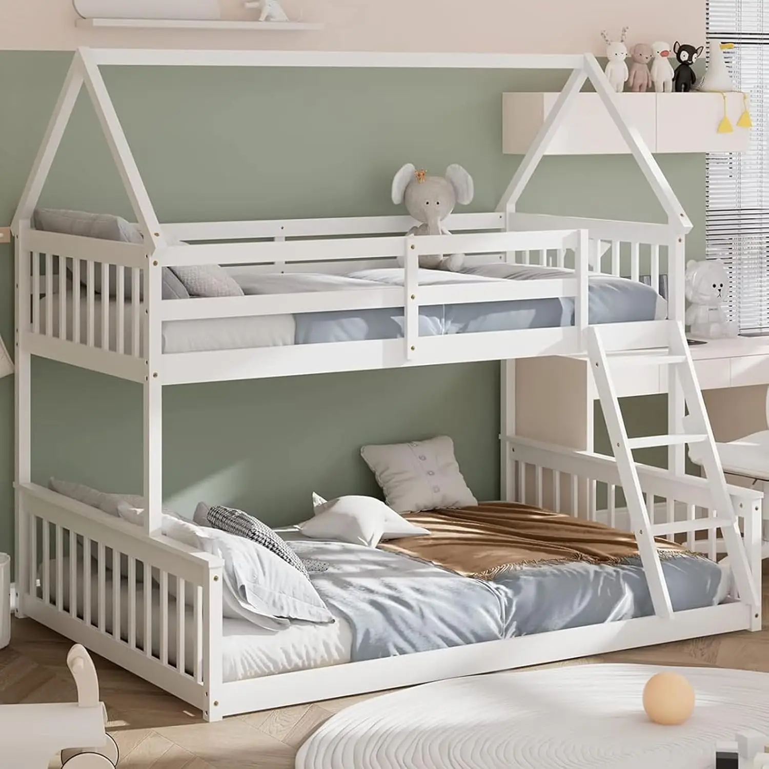 

Wood Twin Over Full Bunk Bed, Solid Wood House Bed Frame Built in Ladder & Safety Guardrails, Convertible to 2 Beds, Floor