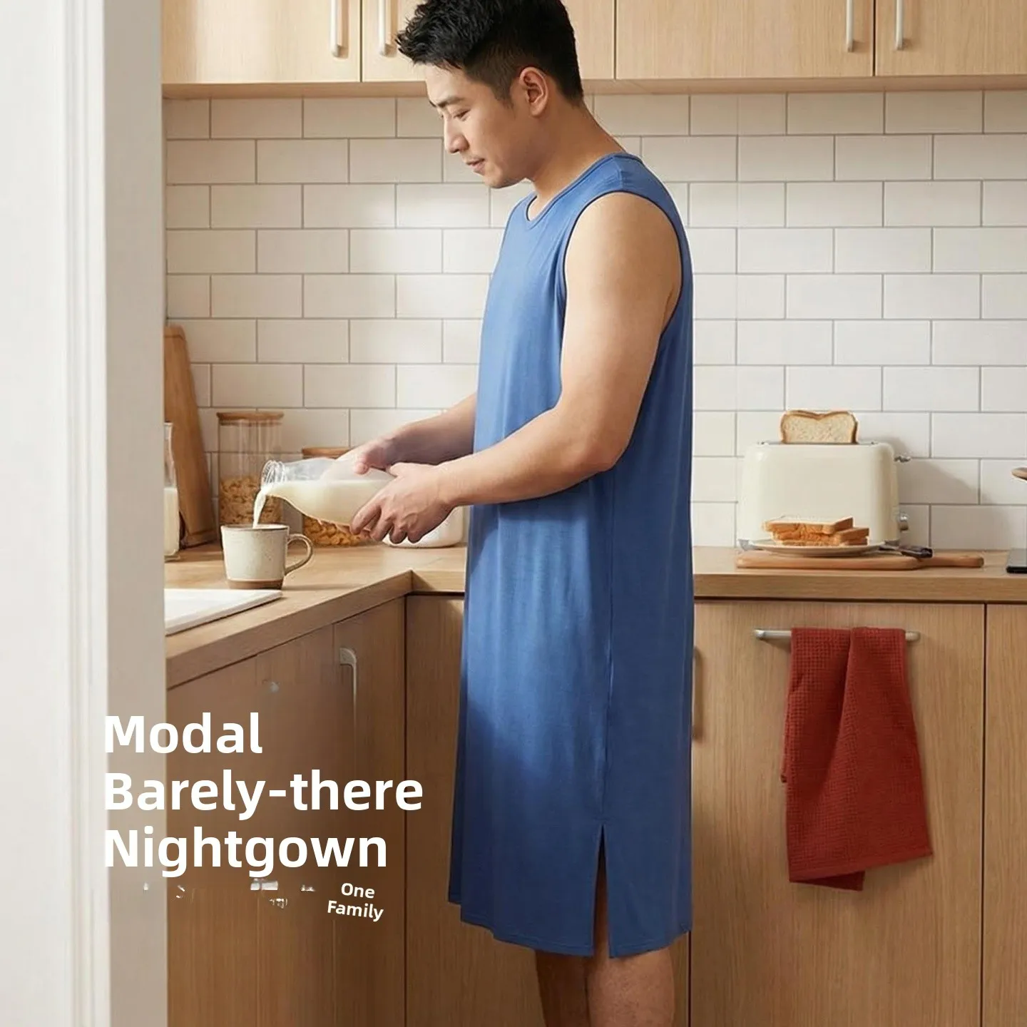 Summer Men's Thin Modal Sleepwear Robe Bathrobe Home Clothes Loose Long Sleeveless round Neck Pullover  Color