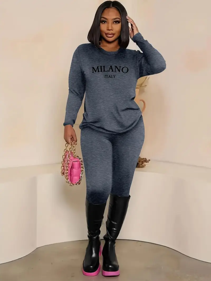 Round neck loose long sleeved top paired with fashionable pants, women's casual commuting two-piece set