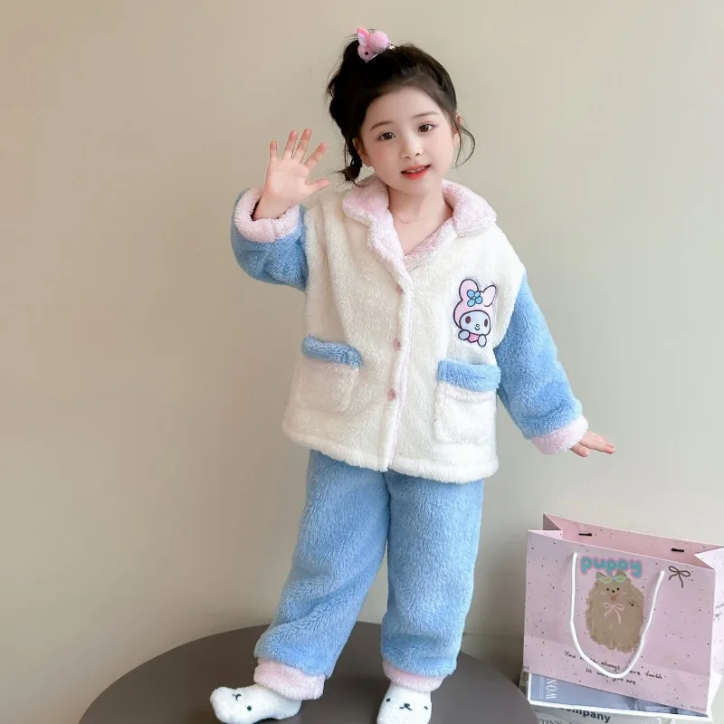 

Kawaii My Melody Sanrio Students Cute Cartoon Comfortable Warm Pajamas Children Plush Thickened Hoodie Trousers Gift for Kids