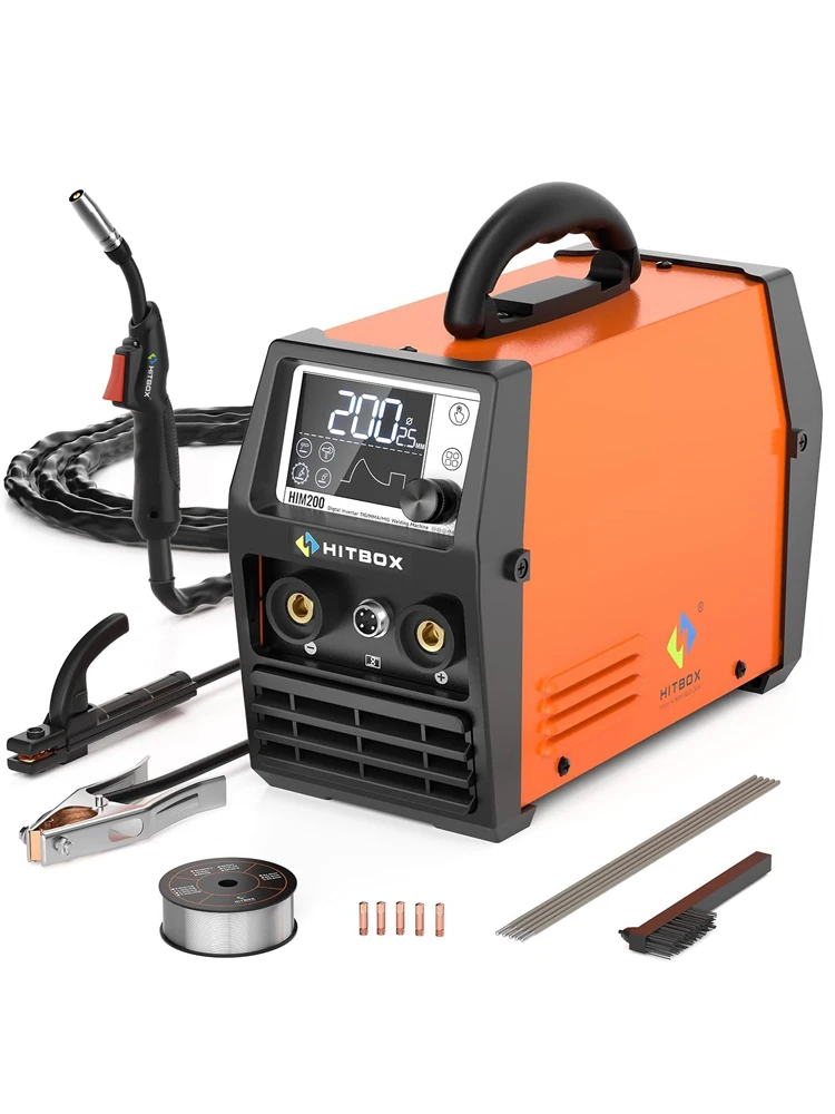 HITBOX HIM200 4-in-1 Multiprozess-Schweißgerät Synergic MMA Flux MIG Lift TIG Spool Gun Tragbares Halbautomatisches Schweißwerkzeug für DIY-Werkstatt