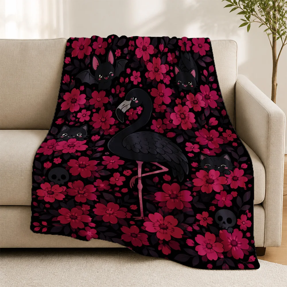 Decorative Floral Sofa Throw Blanket Flamingo Skull Pattern Cute Animal Print Boho Gothic Cozy Couch Decor
