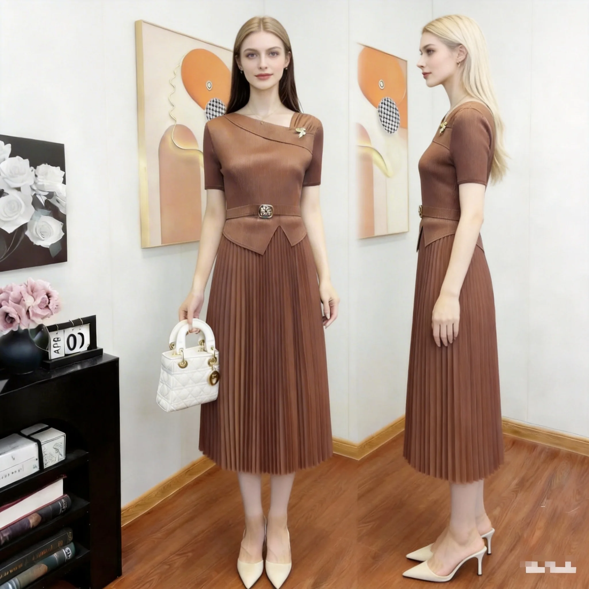 

Miyake Midi Dress Women's Elegant Slim Fit Short Sleeve Travel Fashion High Waist A- Line Skirt Polyester Solid Color Business..
