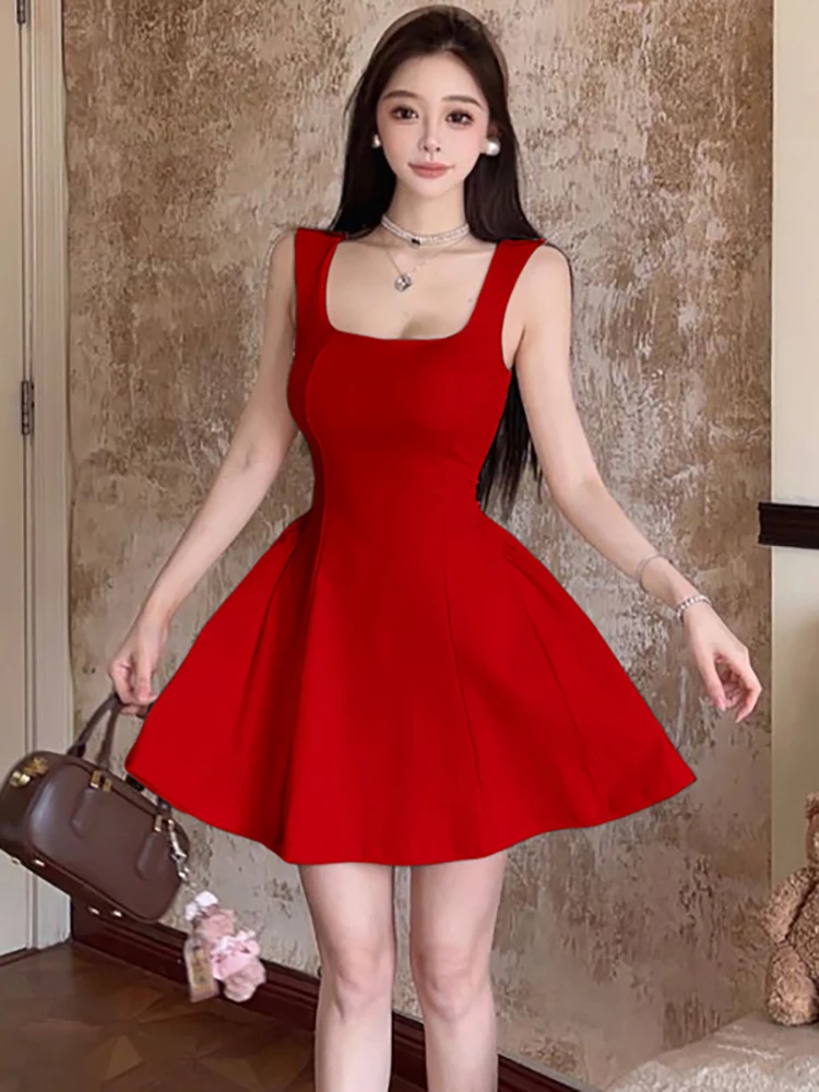 2025 Red Pleated Bodycon Square Collar Sling Sexy Mini Dress Summer Elegant Chic A-Line Dress Women Korean Festival Party Dress