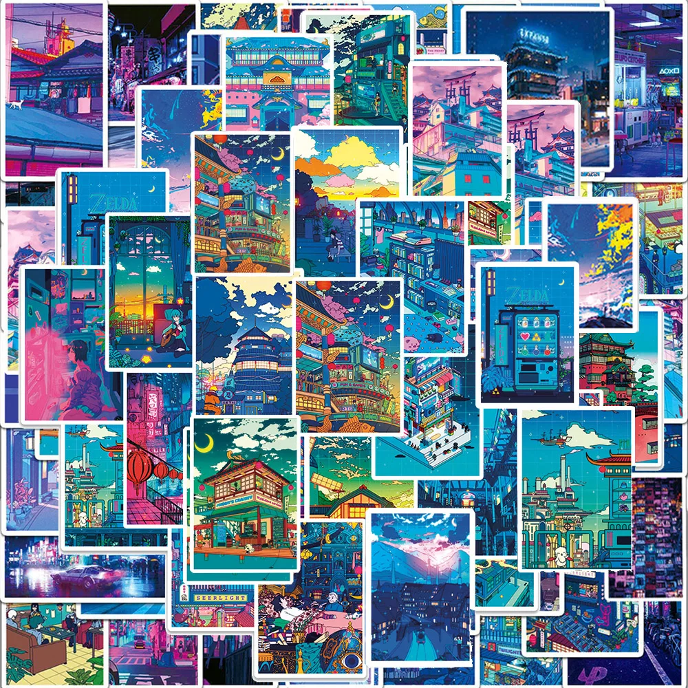 10/30/50/100pcs Anime View Street Night Painting Prints Stickers Aesthetic Cartoon Decals Cute DIY Laptop Phone Stationery