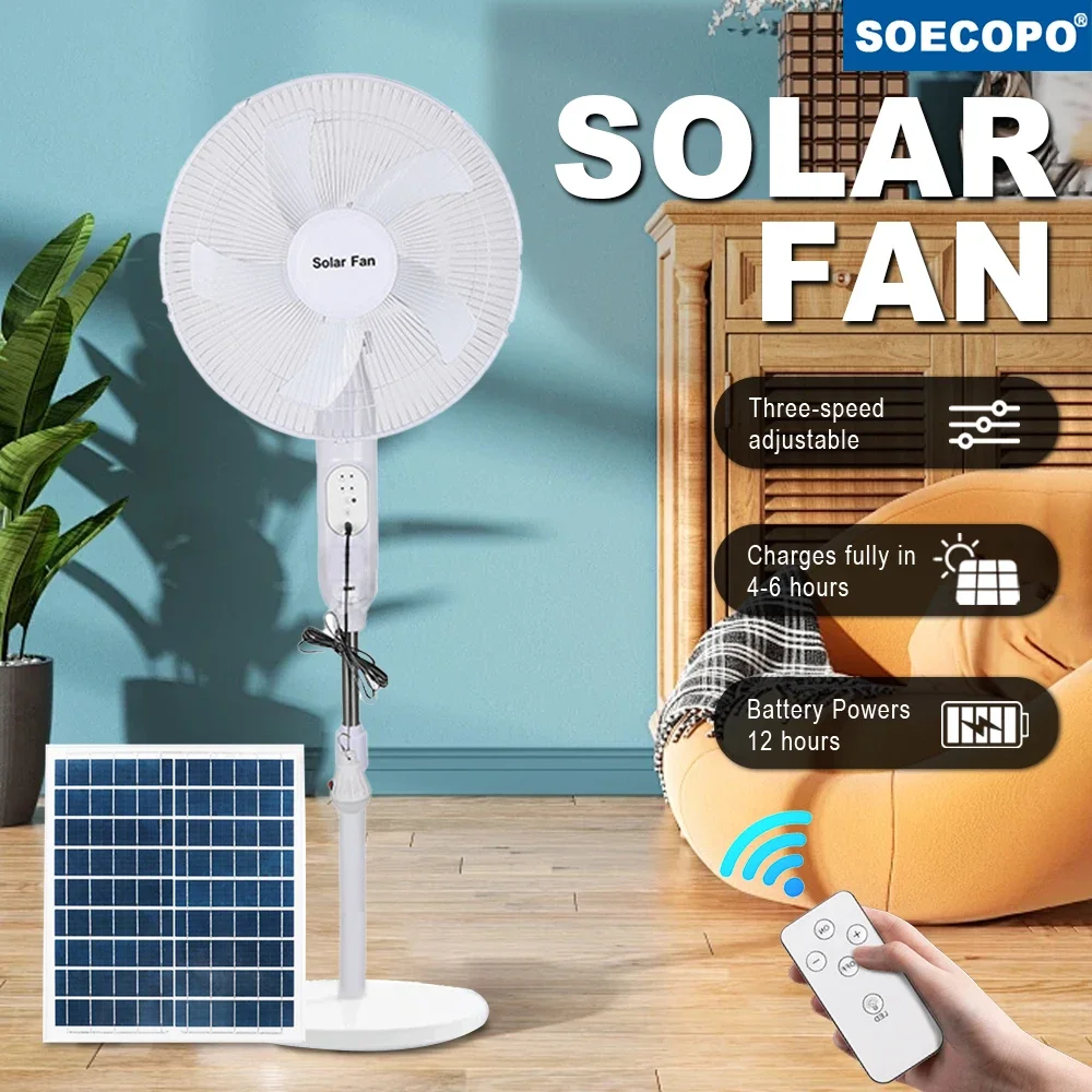 Rechargeable Fan Solar Floor Fan 25W Panel 5H Charges 12H Runtime Remote Control & LED Display Emergency Fan for Power Outage