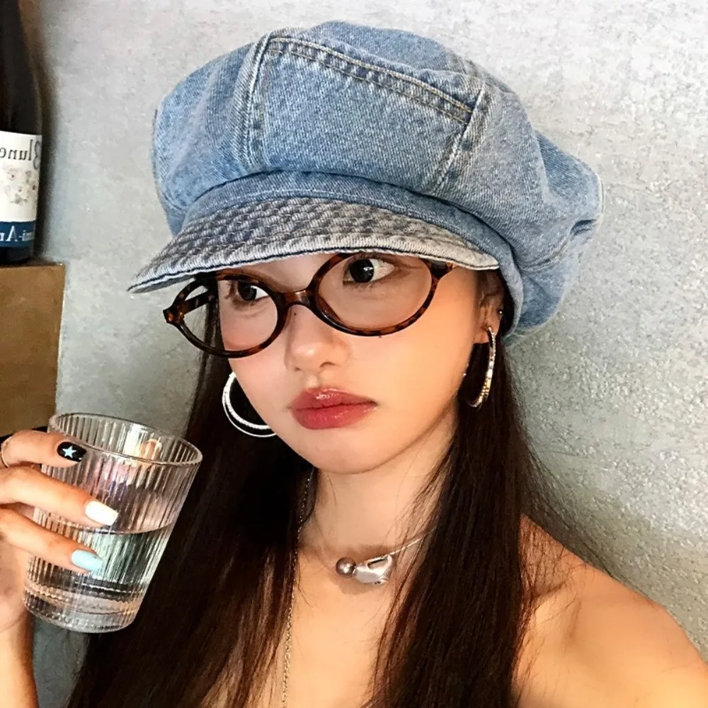 Béret en Denim délavé Vintage coréen, visière nuage, casquette octogonale, artiste Newsboy, chapeau à visière pour femmes