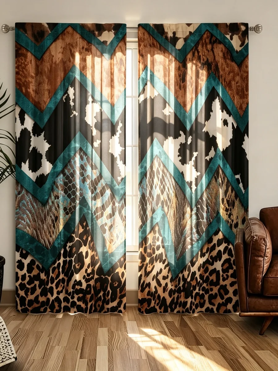 2PCS Teal Chevron Animal Curtains, Leopard Cow Snake Skin Pattern Window Drapes for Bedroom Living Room Bohemian Home Decor