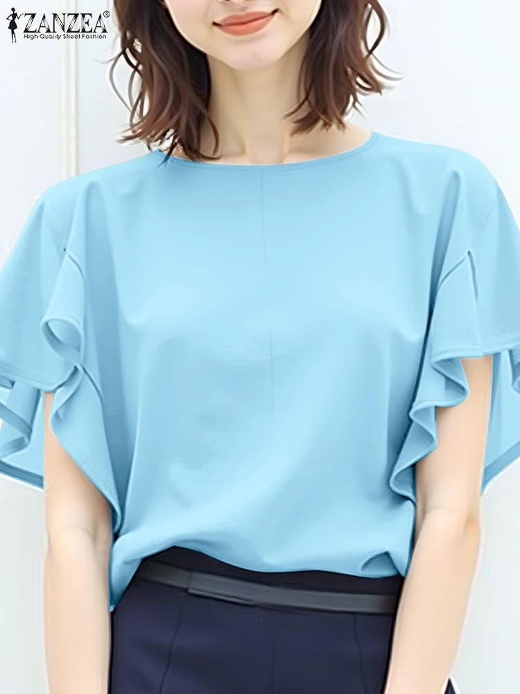 2025 ZANZEA blusa de verano elegante Mujer camisa de manga corta moda sólida OL Tops de trabajo elegante volantes vacaciones Blusas túnica Mujer