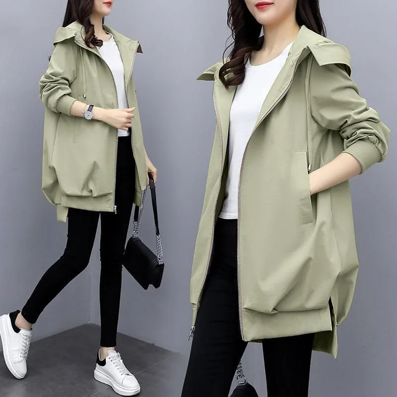 Women Hooded Loose Trench Jackets Zipper Long Sleeve Pockets Jackets Solid Office Lady Splice Leisure Outwear Spring 2025