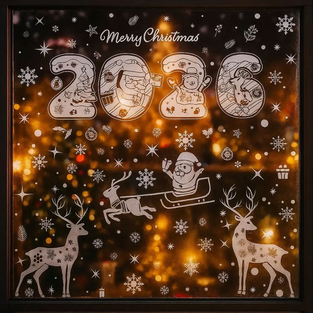 Santa Claus Christmas Window Sticker Elk Snowman Cartoon Electrostatic Glass Sticker PVC DIY Decal 2026 Merry Christmas Sticker