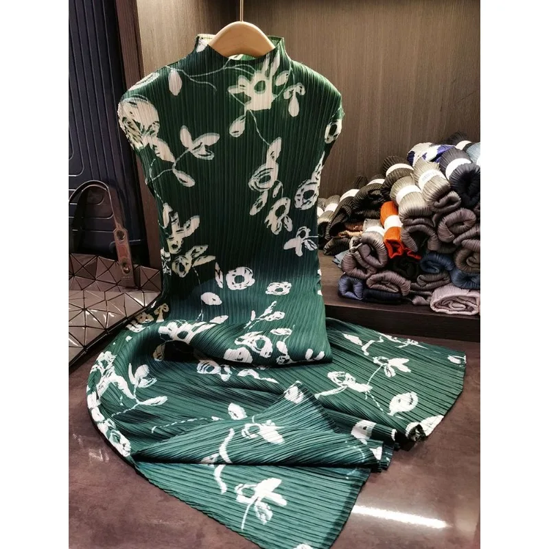 Dress Short Sleeves Women's Summer Elegant Stand-up Collar Printed Pleated Mid-length Skirt New Leisurely Minimalist Distinctive