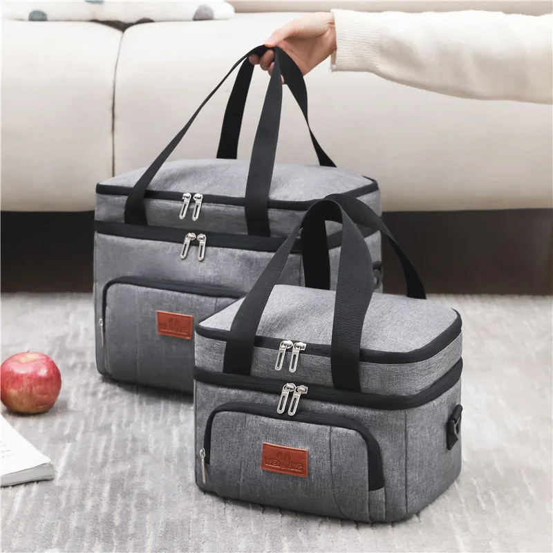 Double Layer Insulated Lunch Bag for Women Men Large Capacity Thermal Picnic Box with Shoulder Strap Zipper Meal Cooler Pouch