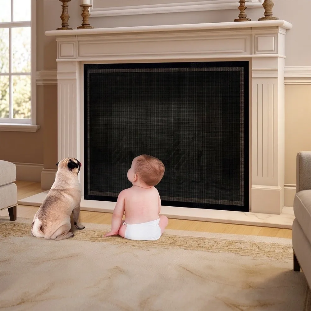 Black Fireplace Guard for Child and Pet Safety PVC Material Mesh Screen 29x40cm and 29x45cm Quick Install Design