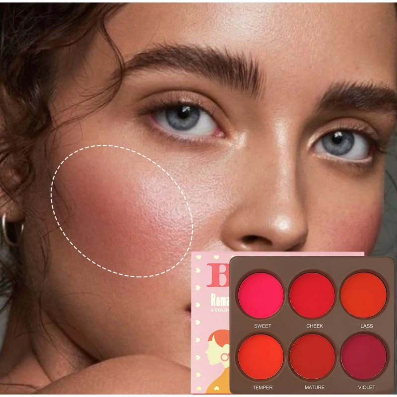 Paleta de maquiagem blush de 6 cores, fosca, à prova d'água, de longa duração, natural, boa tez, fácil de usar, sombra de olhos, maquiagem facial coreana