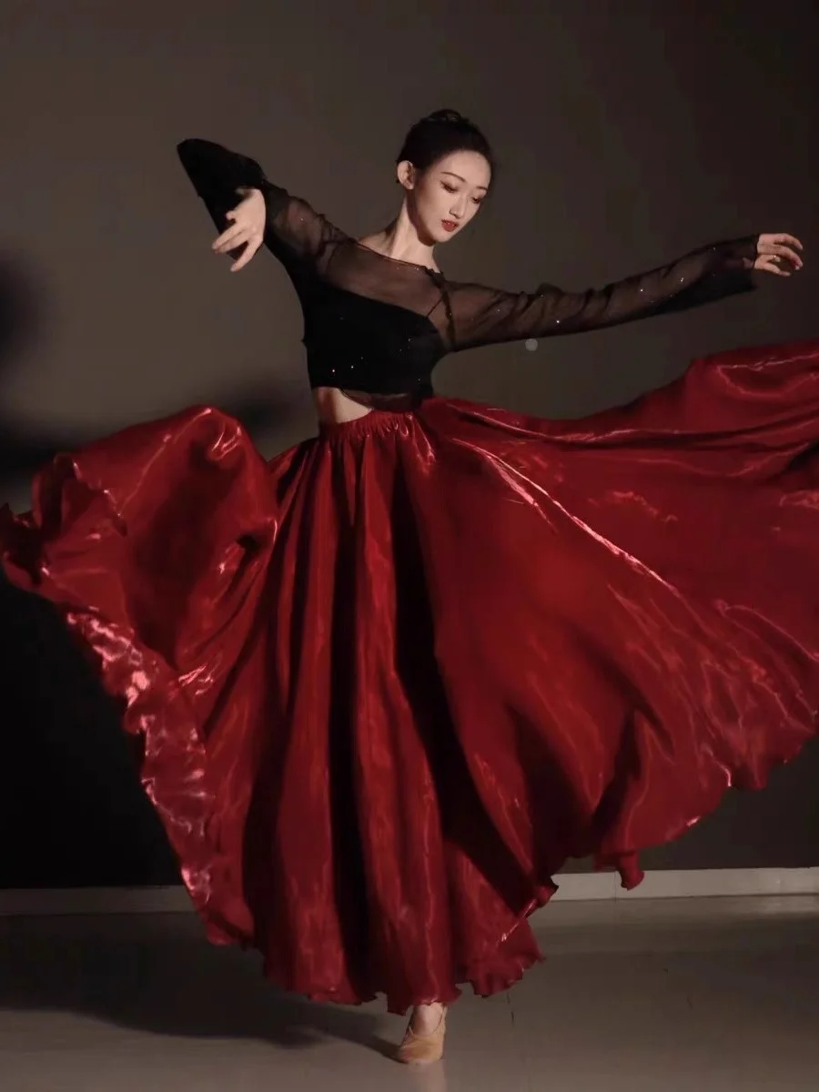 

Modern Dance Performance Outfit Set Women's Red Flared Skirt High Waist Satin Two-Piece Suit New 2026 Sle Commute Friendly
