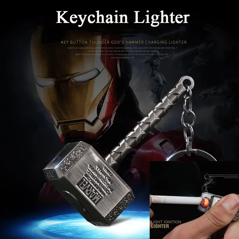 Creative Windproof USB Electric Rechargeable Lighter Thor Hammer Zinc Alloy Flameless Keychain Lighter Men\'s Smoking Gift