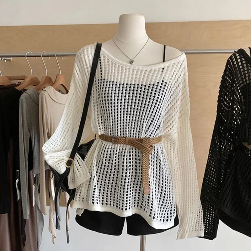 中空アウトニットセーター女性 Y2K 夏セクシーなスラッシュネック長袖トップスファッションルーズベルト固体女性プルオーバー