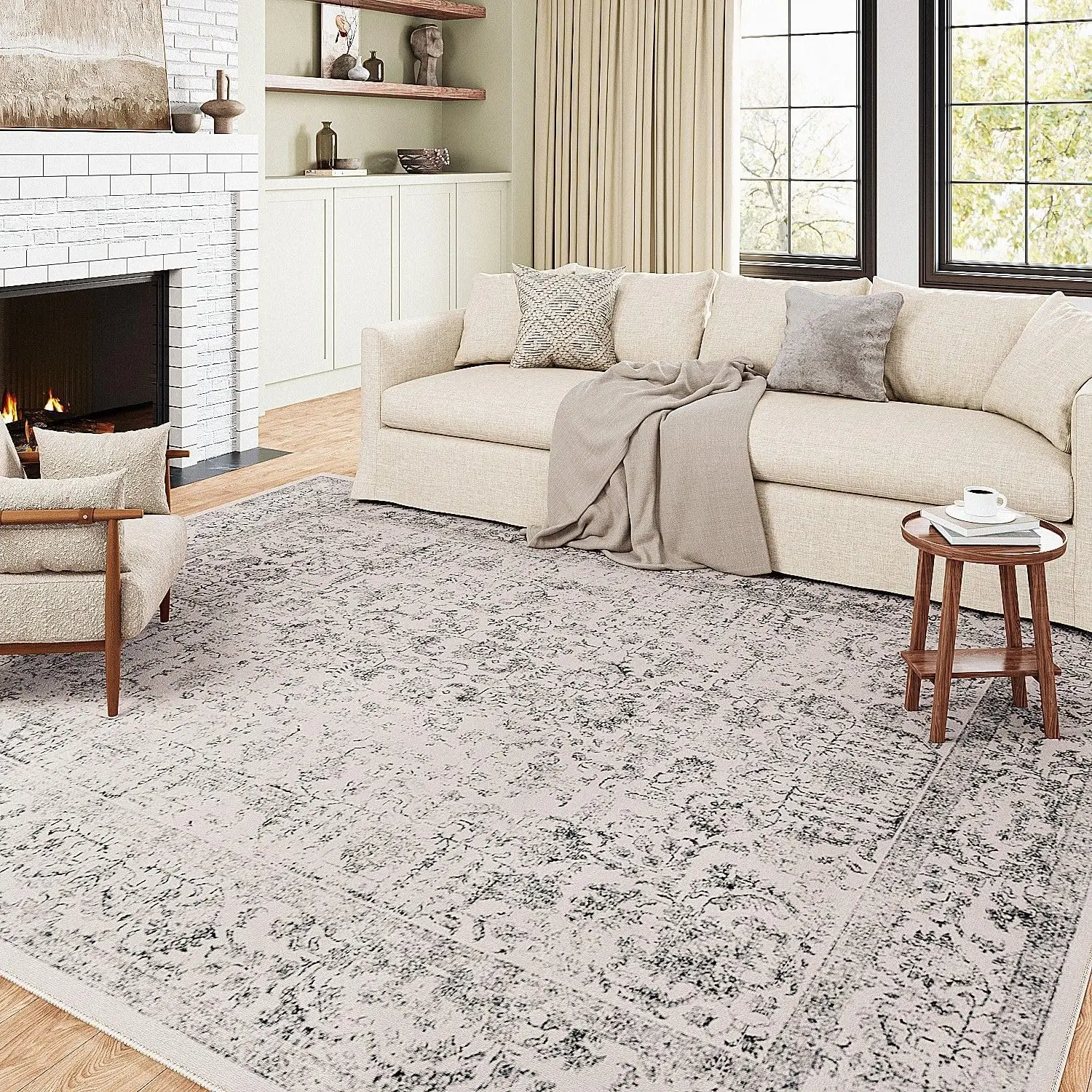 

Grey Area Rug 9X12 Indoor Vintage Living Room Carpet Washable Distressed Rug Gray Floral Bedroom Rug Retro Accent Throw Rug For