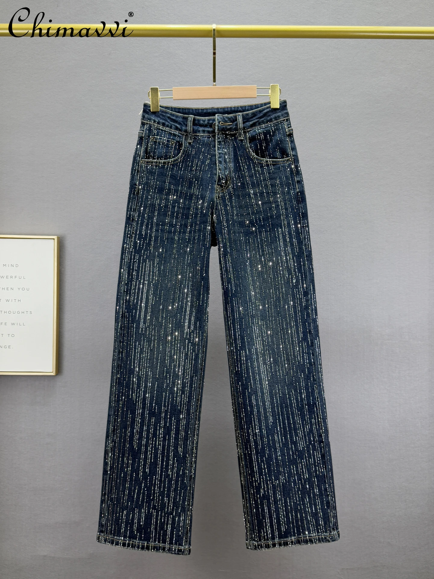 

Heavy Full Rhinestone Denim Wide-leg Pants for Women 2025 Autumn New Fashion High-waisted Loose Slim European Extended Pants