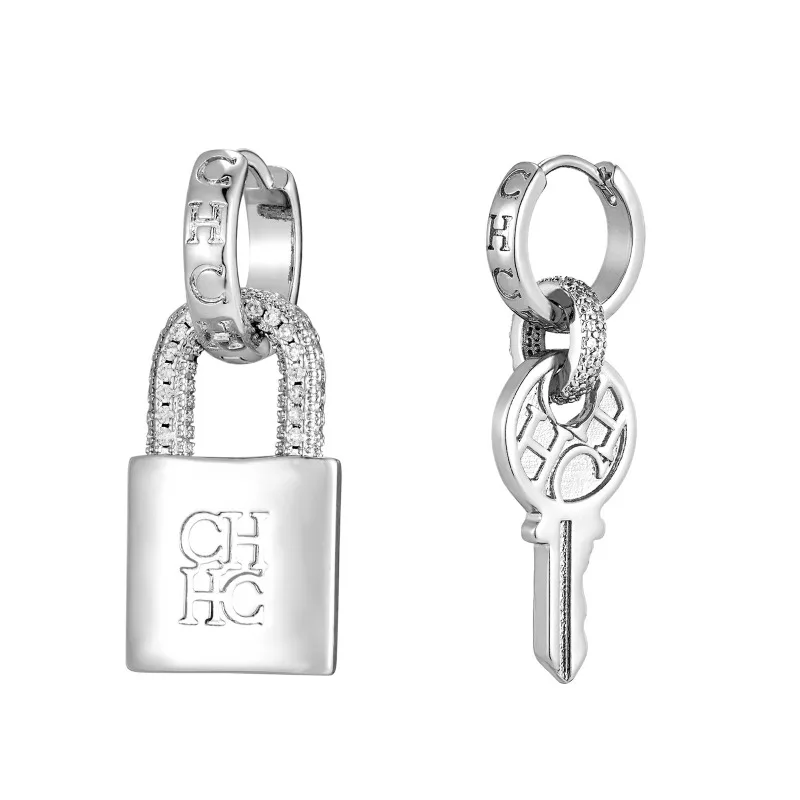 CHHC Women Copper Alloy Asymmetric Dangle Earrings Lock Key CHHC Letter Inlaid Zircon Drop Ear Jewelry