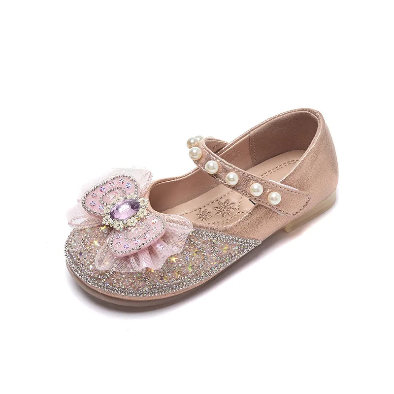 Fashion Shoes for Girls 2024 Spring Girls Western Style Bright Diamond Bow Shallow Mouth Pearl Crystal Shoes