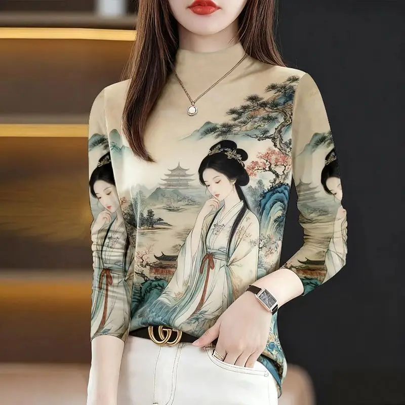 Chinese Style Women's Printed Long Sleeve T-Shirt 2025 Autumn Winter Turtleneck Base Shirt Blouse Elegant Vintage Bottom Shirt