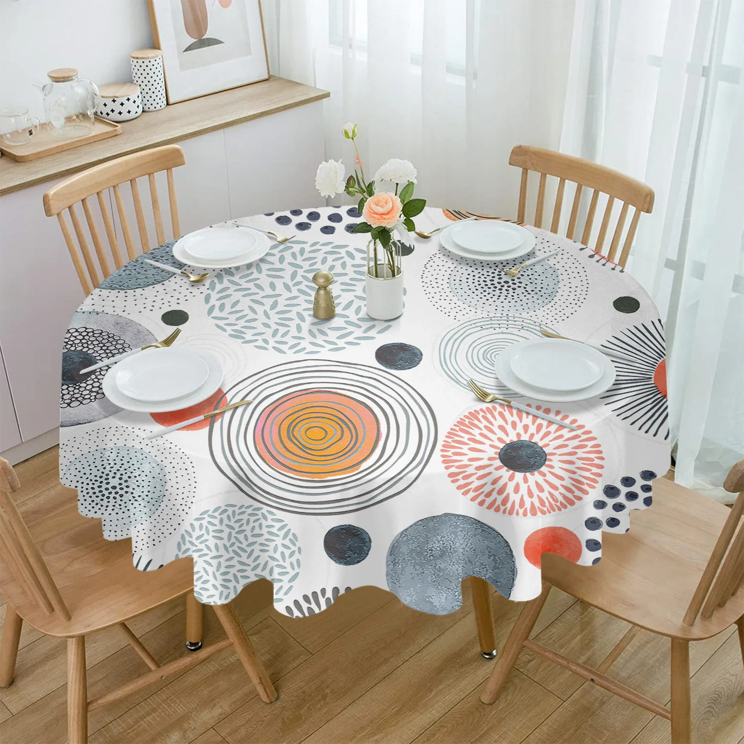 Watercolor Geometric Texture Center Orange Tablecloth Dining Table Rectangular Round Waterproof Table Cover Kitchen Decoration