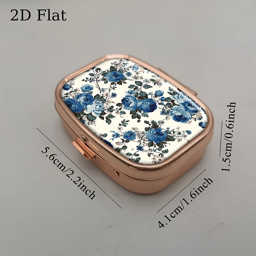 Blue Rose Watercolor Pattern Pill Box, Flat Portable Metal Storage Box, Suitable for Vitamins, Fish Oil, Pills, and Small Candies, Cute Decorative Mini Storage Box, Can Be Placed in a Handbag, Flat Style