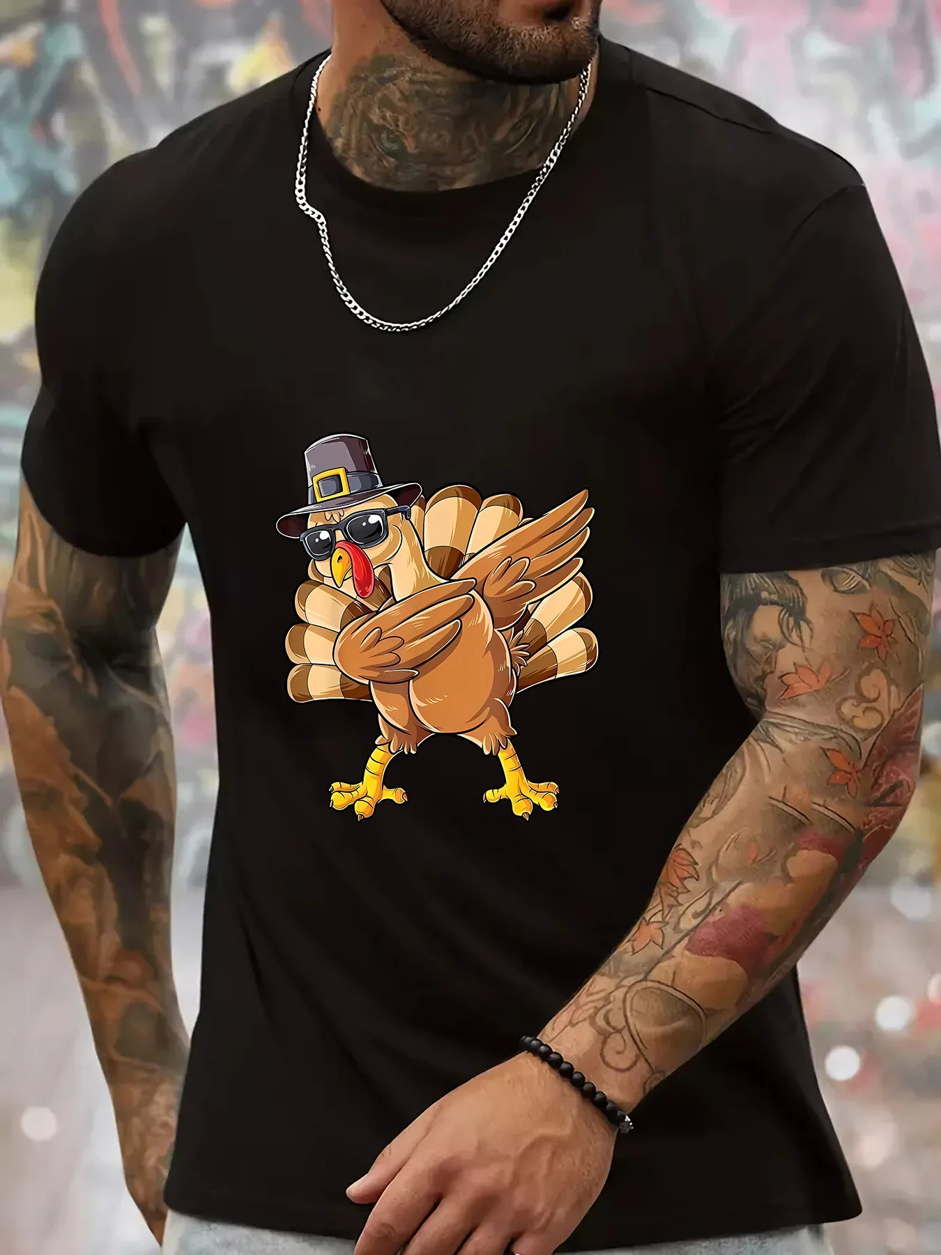 Cool Dabbing Turkey Print Mens Crew Neck T Shirt Pilgrim Hat Cartoon Thanksgiving Graphic Short Sleeve Casual Cotton Summer Tees