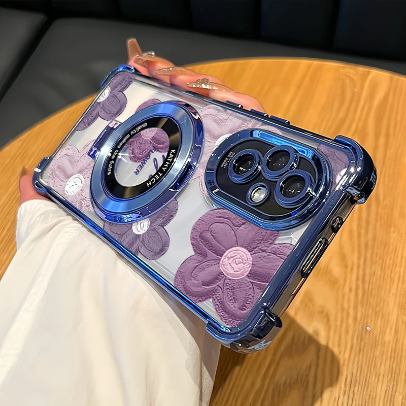 Handyhülle für Infinix Hot 70 60 Pro Plus 50i 10S NFC 11 Play 30i 60i 40i 10T mit Blumenmuster, stoßfest, mit Halterung und plattierter Abdeckung.