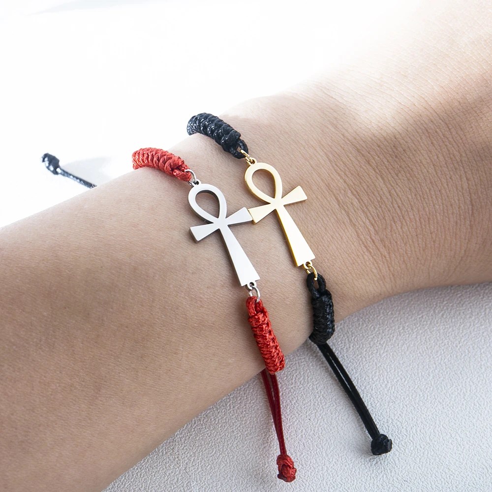 Stainless Steel Egypt Ankh Cross Rope Bracelet for Women Minimalism Adjustable Charms Bracelets Vintage Men Amulet Jewelry Gifts