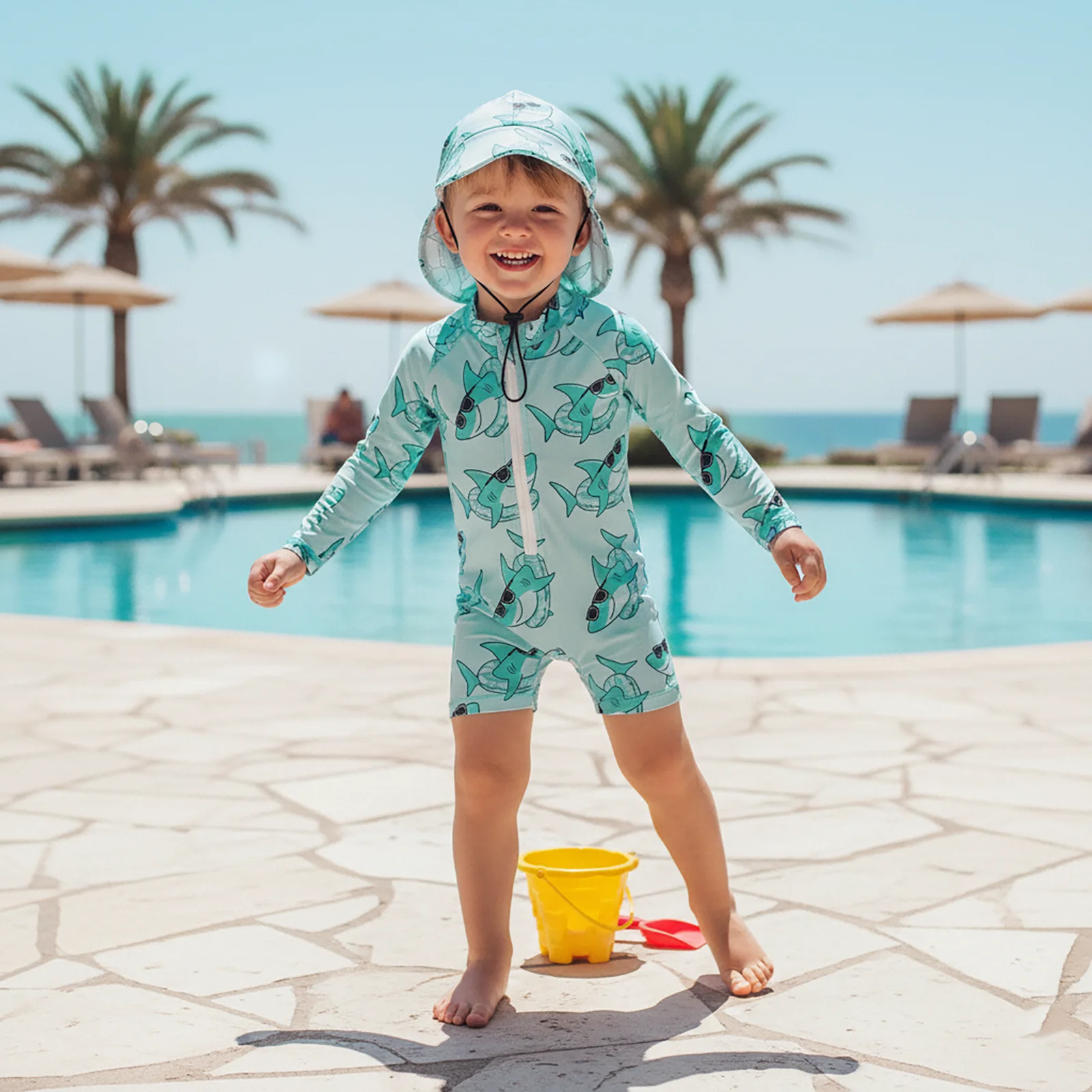 Summer Toddler Kids Baby Boys Rash Guard Swimsuits Shark Print Long Sleeve Zip Up Swimwear Bathing Suits with Sun Cap