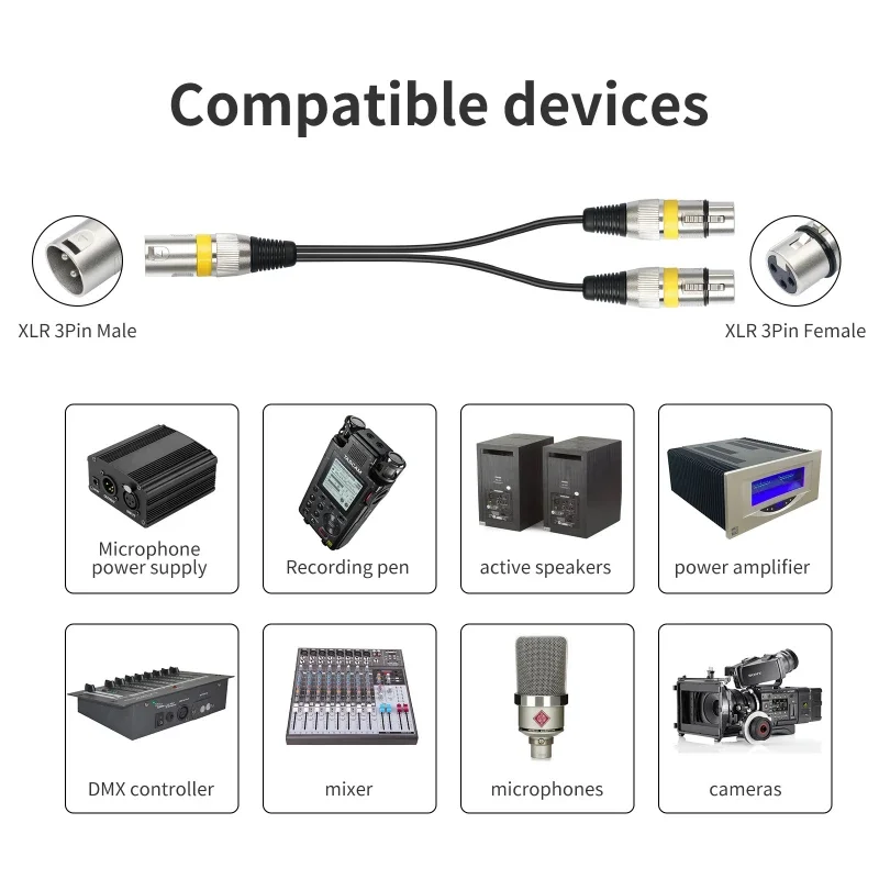 XLR Audio Cable 3Pin 1 to 2 Male to Female Canon Stage Microphone Adapter Connector 1 Point 2 Zinc Alloy Plug 30cm Multicolor