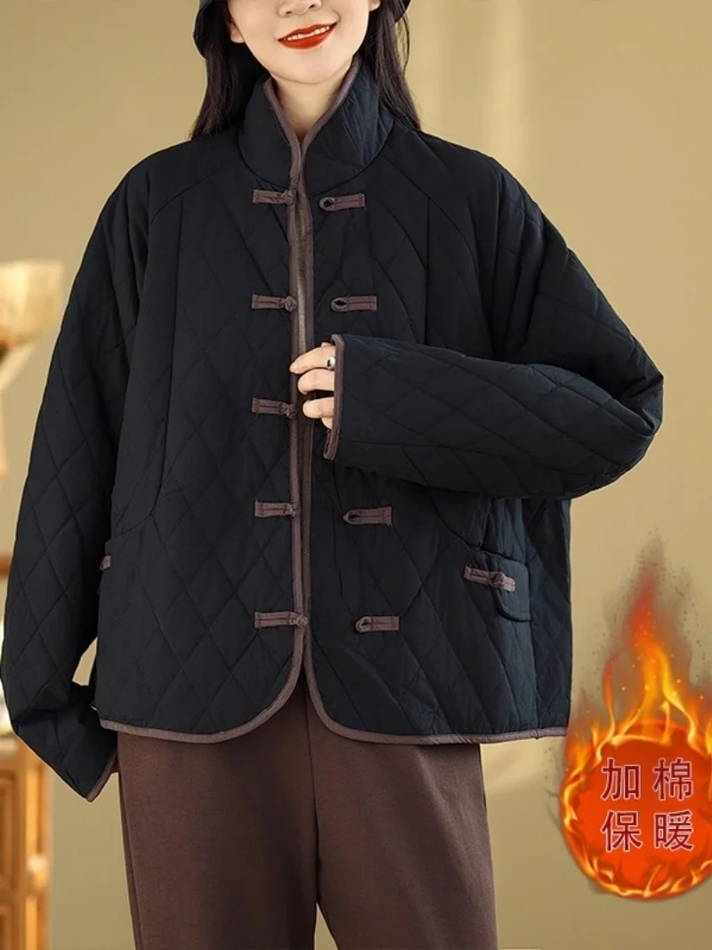 

2025 Winter New Arrival For Women: Retro Loose Fit Versatile Quilted Cotton Coat With Buttons Warmth Stand Collar Outwear w1276