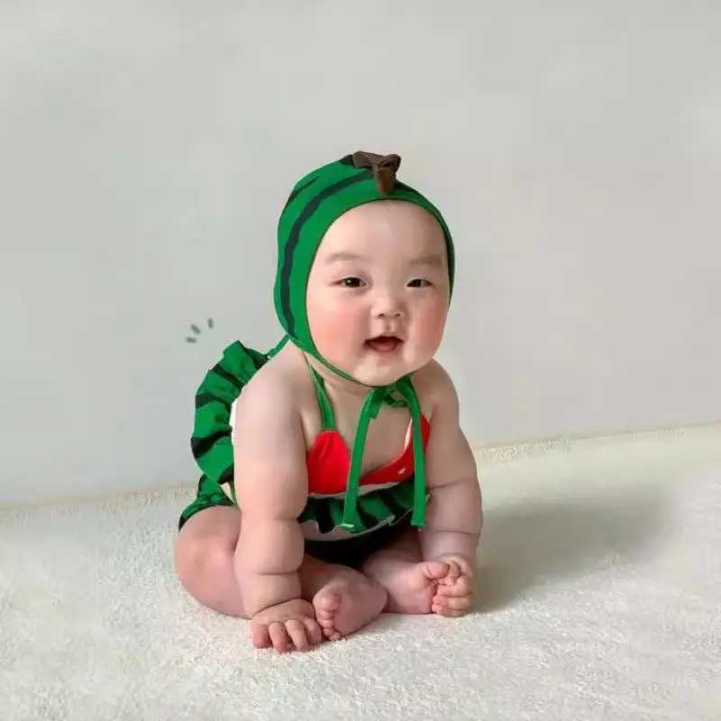 2026 New Baby Cute Watermelon Bikini Split Swimsuit 3pcs Suit Newborn Fashion Sling Bathing Suit Infant Toddler Swimming Suit view 3
