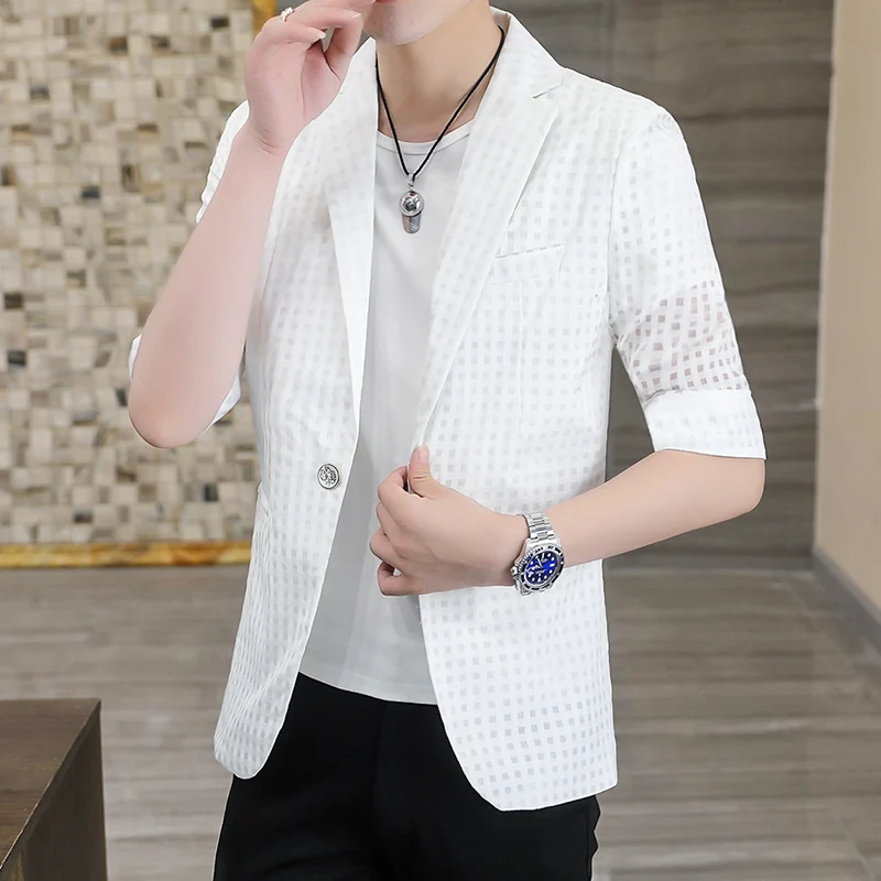 Summer Three Quarter Sleeve Blazers Men Korean Sun Protection Hollow Out Men\'s Jacket Thin Slim Stylist Social Casual Suit Coats