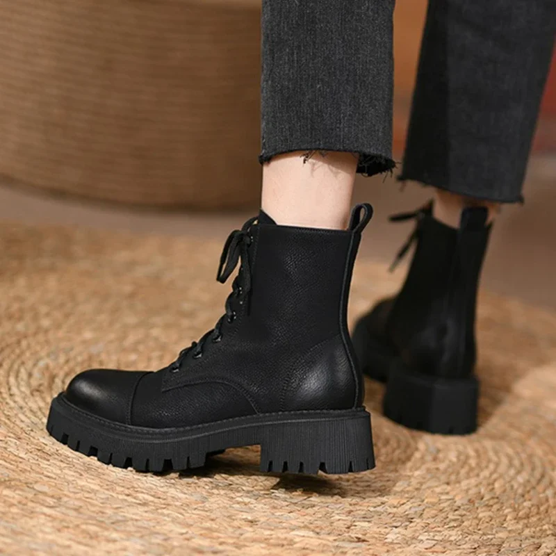 HOT Fall Shoes Round Toe Thick Heel Women Shoes Winter Women Boots Split Leather Boots Casual Platform Boots Motorcycle Boots