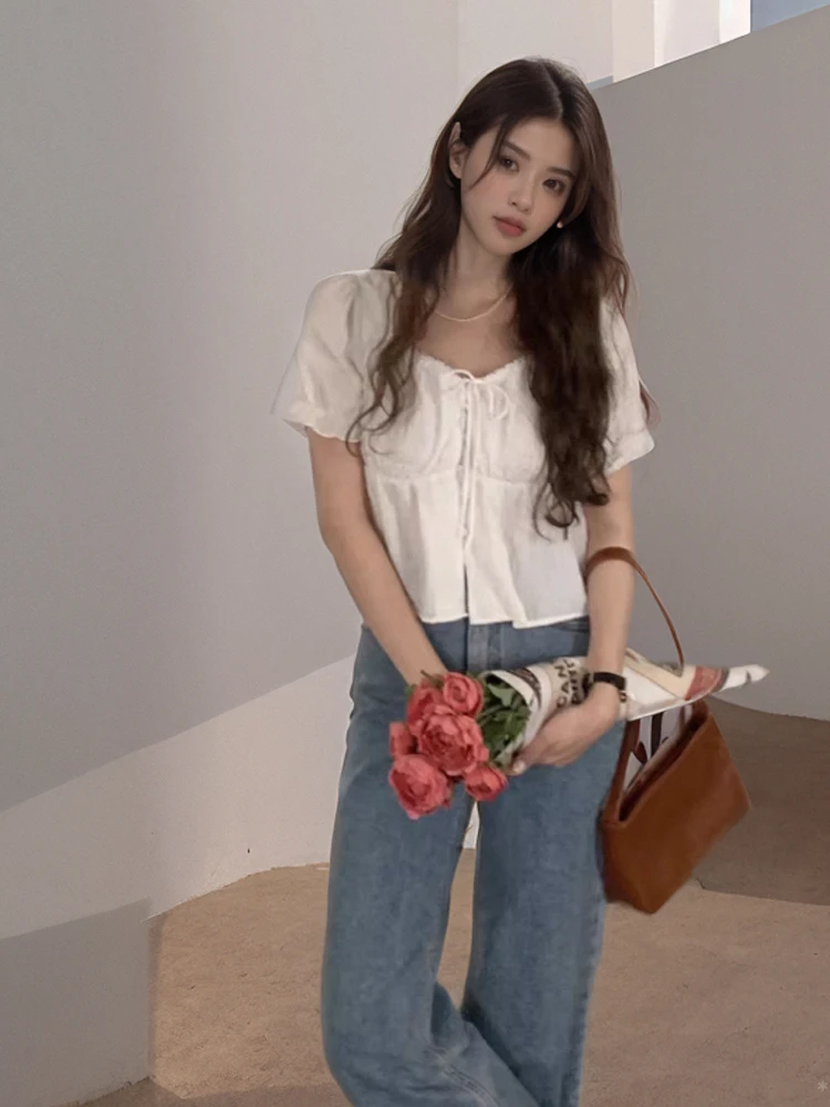 

Милый летний пуловер для женщин, красивый кружевной пуловер с галстуком-бабочкой и квадратным воротником, корейский свободный пуловер с пузырьками све