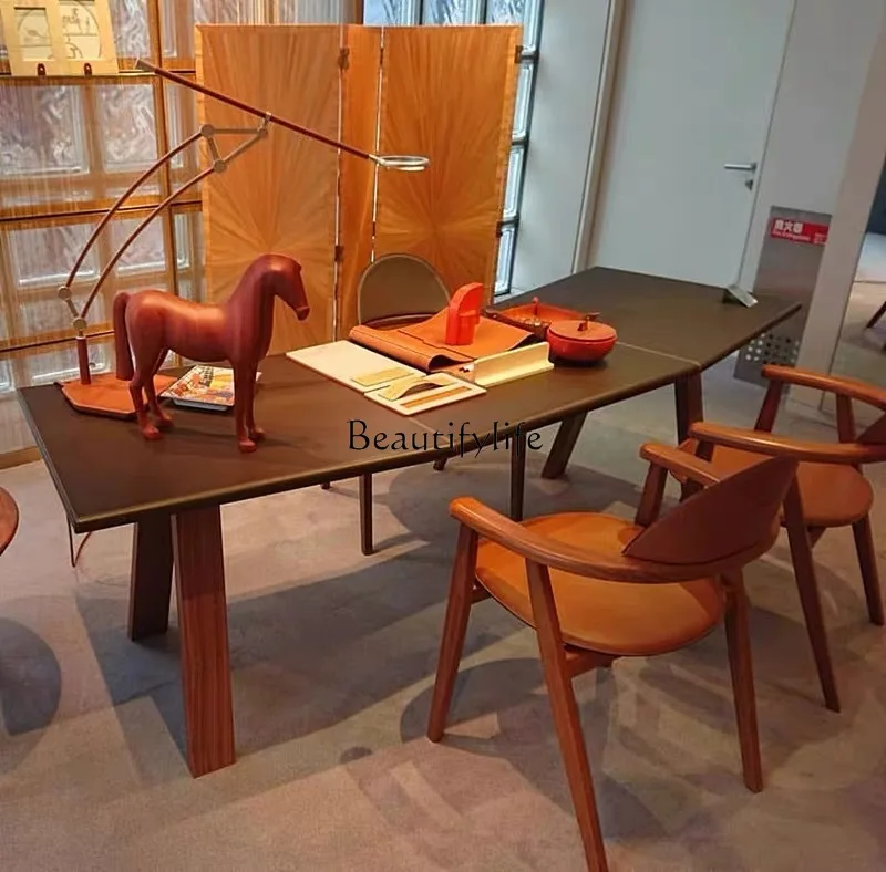 Italian minimalist solid wood desk saddle leather office boss home computer desk