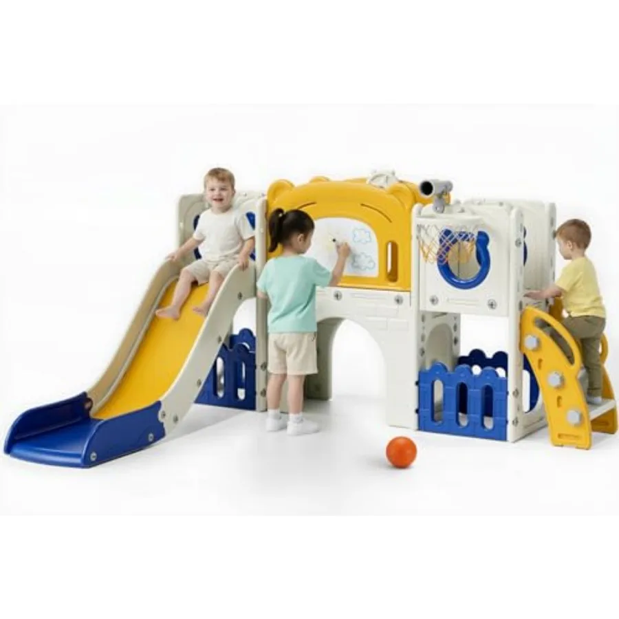 

Игровой комплекс 10-в-1 для малышей: большая горка, скалодром, доска для рисования, баскетбольное кольцо. Прочный детский игровой комплекс для дома и улицы.