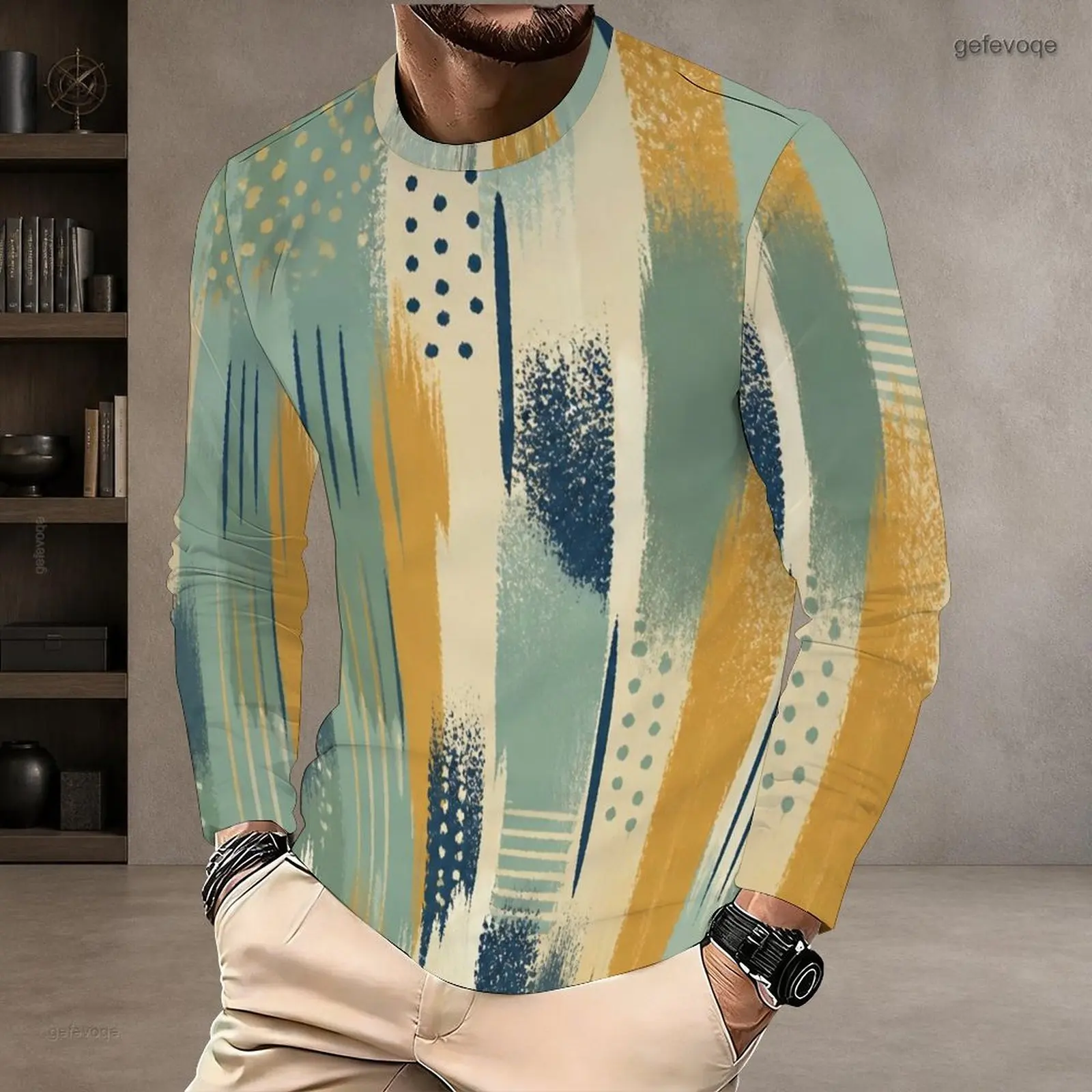 Men Round Neck Long Sleeve Pullover Straight Hem Printed T Shirt
